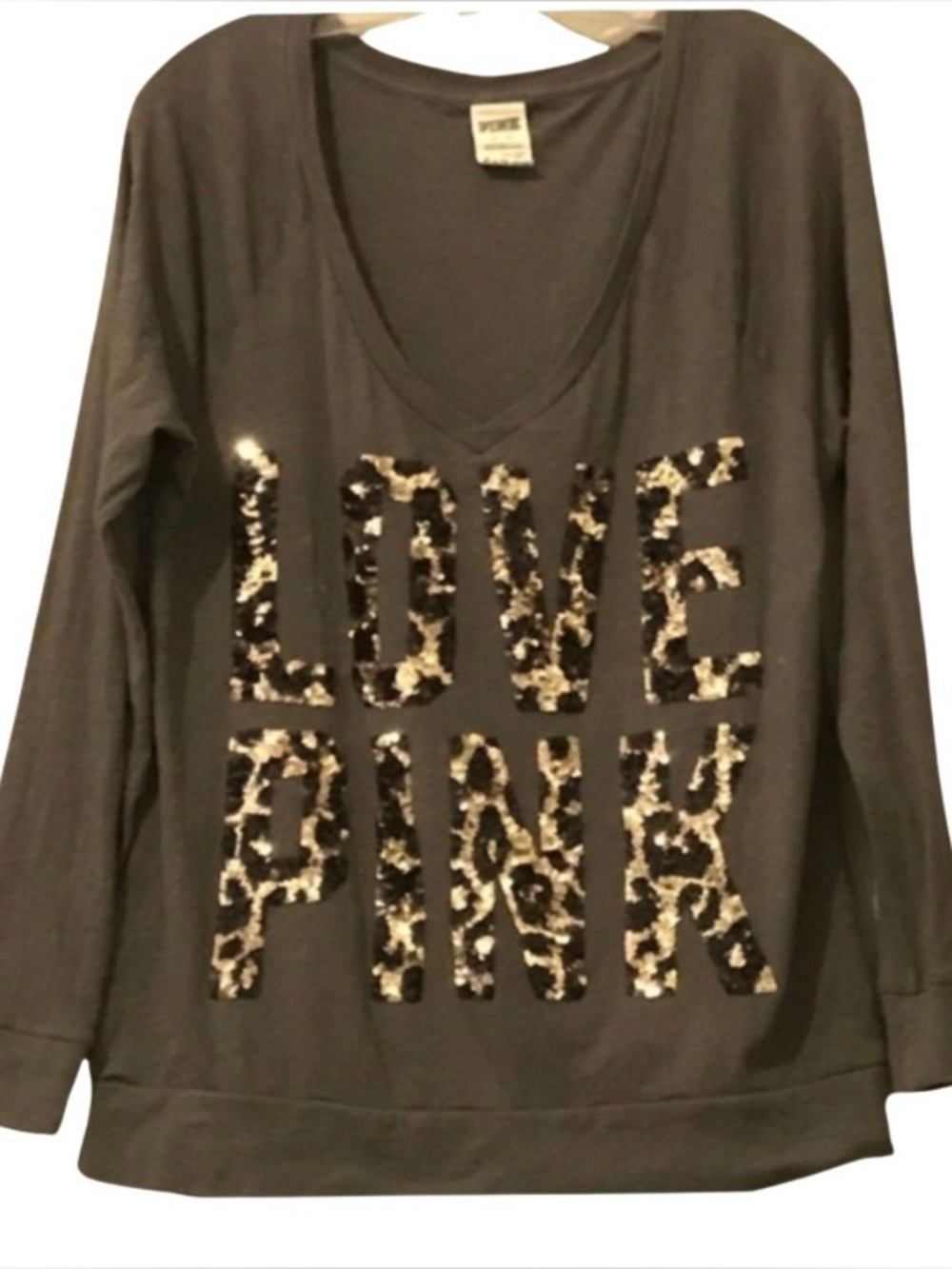 Love Pink Leopard Sequin Long Sleeve T-Shirt